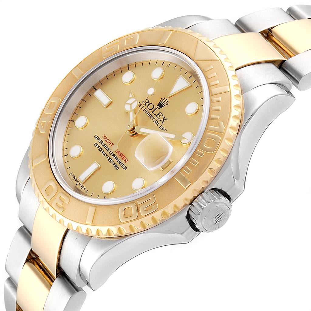 The image shows a Rolex Yacht-Master 16623 Men's Stainless Steel Champagne Dial 16623 Men's Stainless Steel Champagne Dial watch angled from the top right, showcasing its dial, bezel, and part of the bracelet.