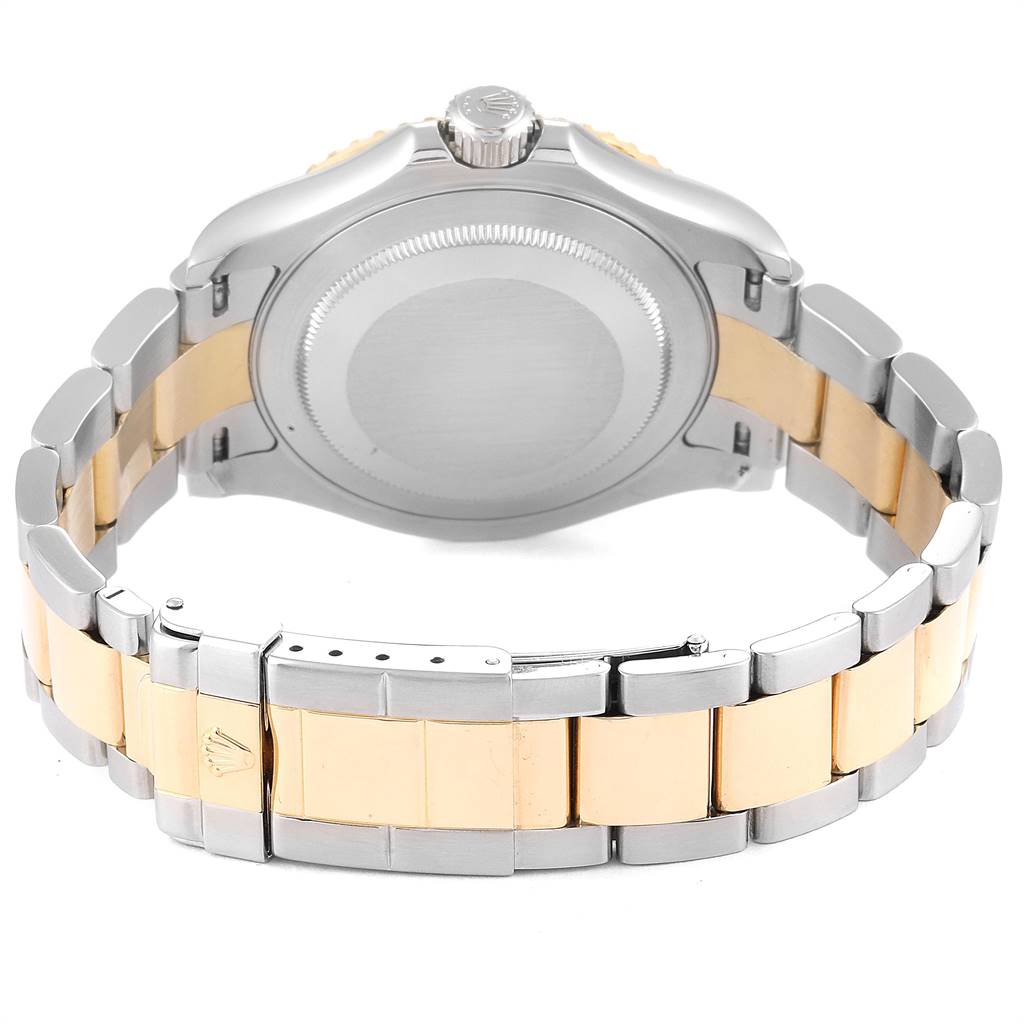 The image shows the back case and bracelet of a Rolex Yacht-Master 16623 Men's Stainless Steel Champagne Dial 16623 Men's Stainless Steel Champagne Dial watch, highlighting its two-tone design.