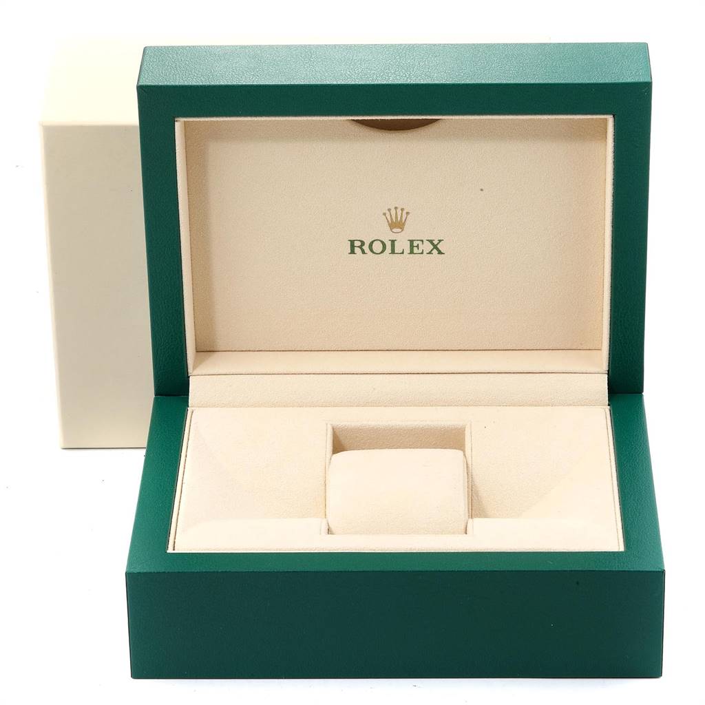This image shows an open Rolex Yacht-Master 16623 Men
s Stainless Steel White Dial 16623 Men
s Stainless Steel White Dial watch box with beige interior padding and green exterior.