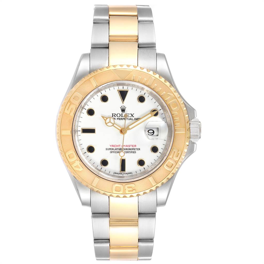 This image shows a front view of the Rolex Yacht-Master 16623 Men
s Stainless Steel White Dial 16623 Men
s Stainless Steel White Dial watch, highlighting its dial, bezel, and bracelet.