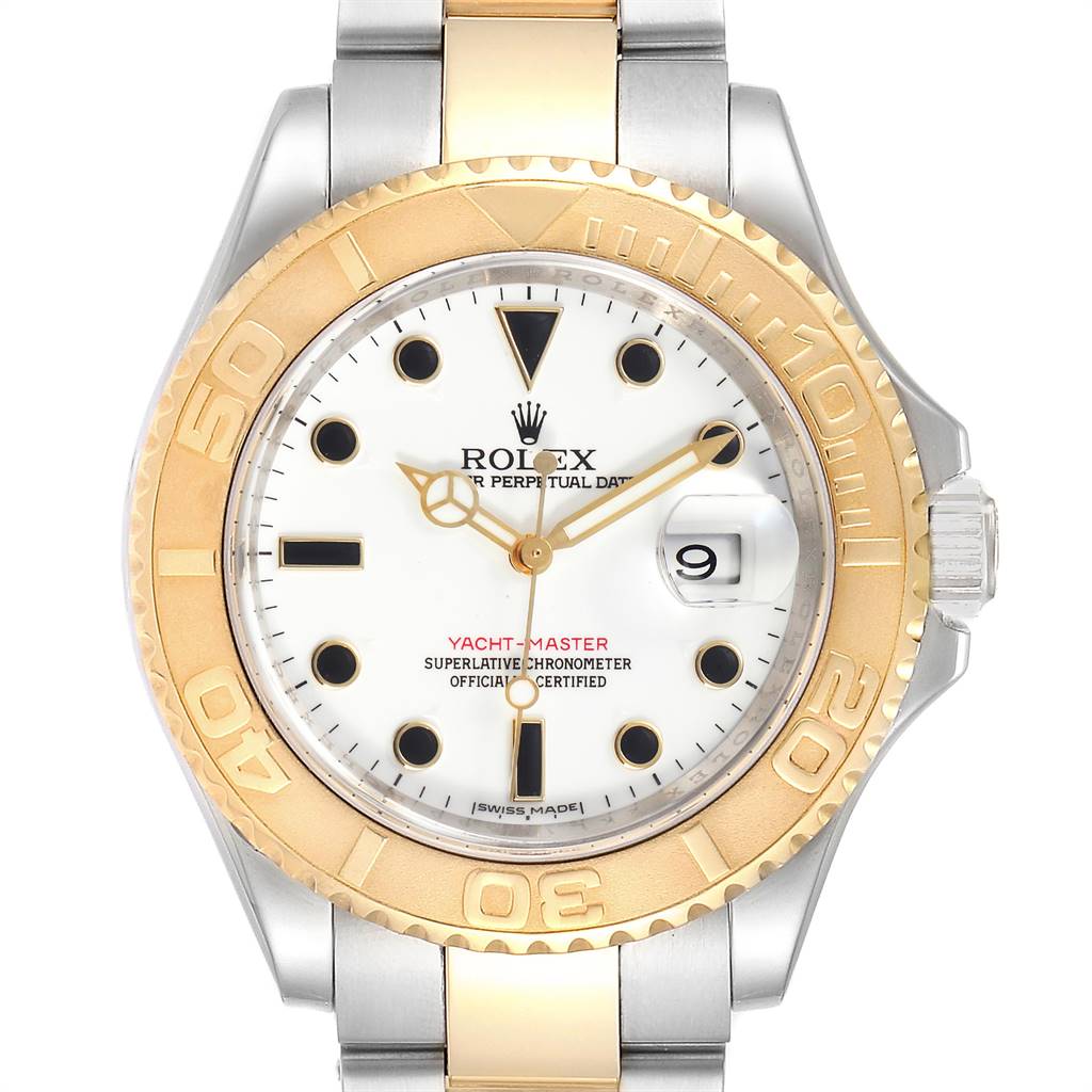The image shows the face and bracelet of a Rolex Yacht-Master 16623 Men
s Stainless Steel White Dial 16623 Men
s Stainless Steel White Dial watch, captured from the front angle.