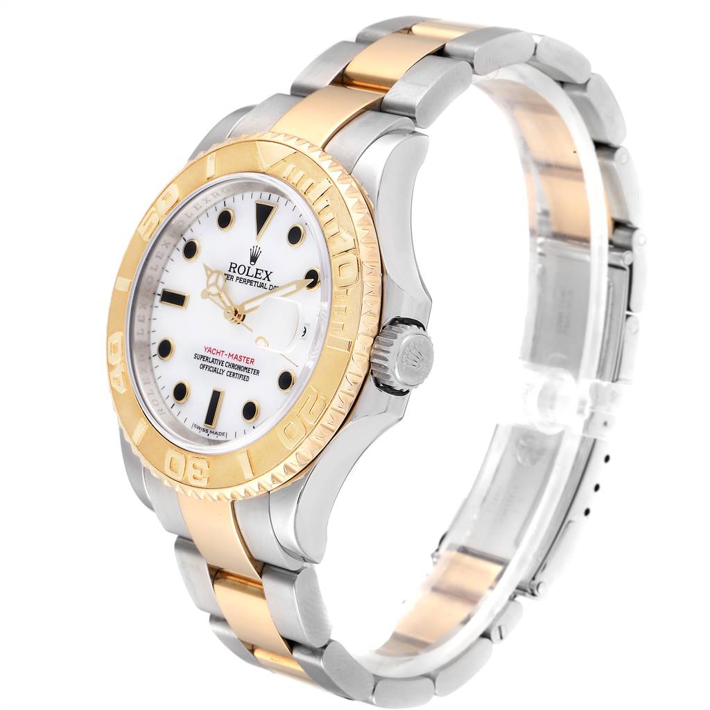 The image shows the front and right side of the Rolex Yacht-Master 16623 Men
s Stainless Steel White Dial 16623 Men
s Stainless Steel White Dial watch, highlighting the gold bezel and two-tone bracelet.