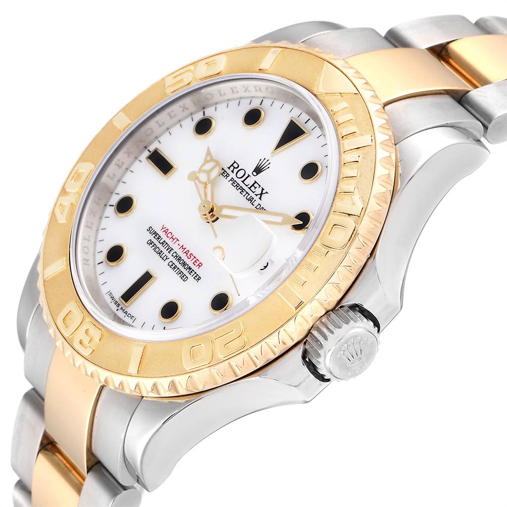 The Rolex Yacht-Master 16623 Men
s Stainless Steel White Dial 16623 Men
s Stainless Steel White Dial watch is shown from a slightly angled side, highlighting its bezel, dial, crown, and bracelet.