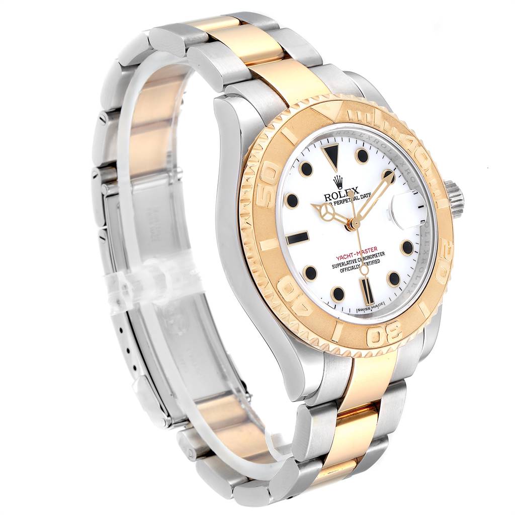 The Rolex Yacht-Master 16623 Men
s Stainless Steel White Dial 16623 Men
s Stainless Steel White Dial watch is shown in a side view, highlighting its two-tone bracelet, bezel, and white dial.