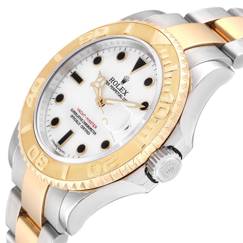 The Rolex Yacht-Master 16623 Men
s Stainless Steel White Dial 16623 Men
s Stainless Steel White Dial watch is shown from a slightly angled top view, highlighting its face, bezel, crown, and part of the bracelet.