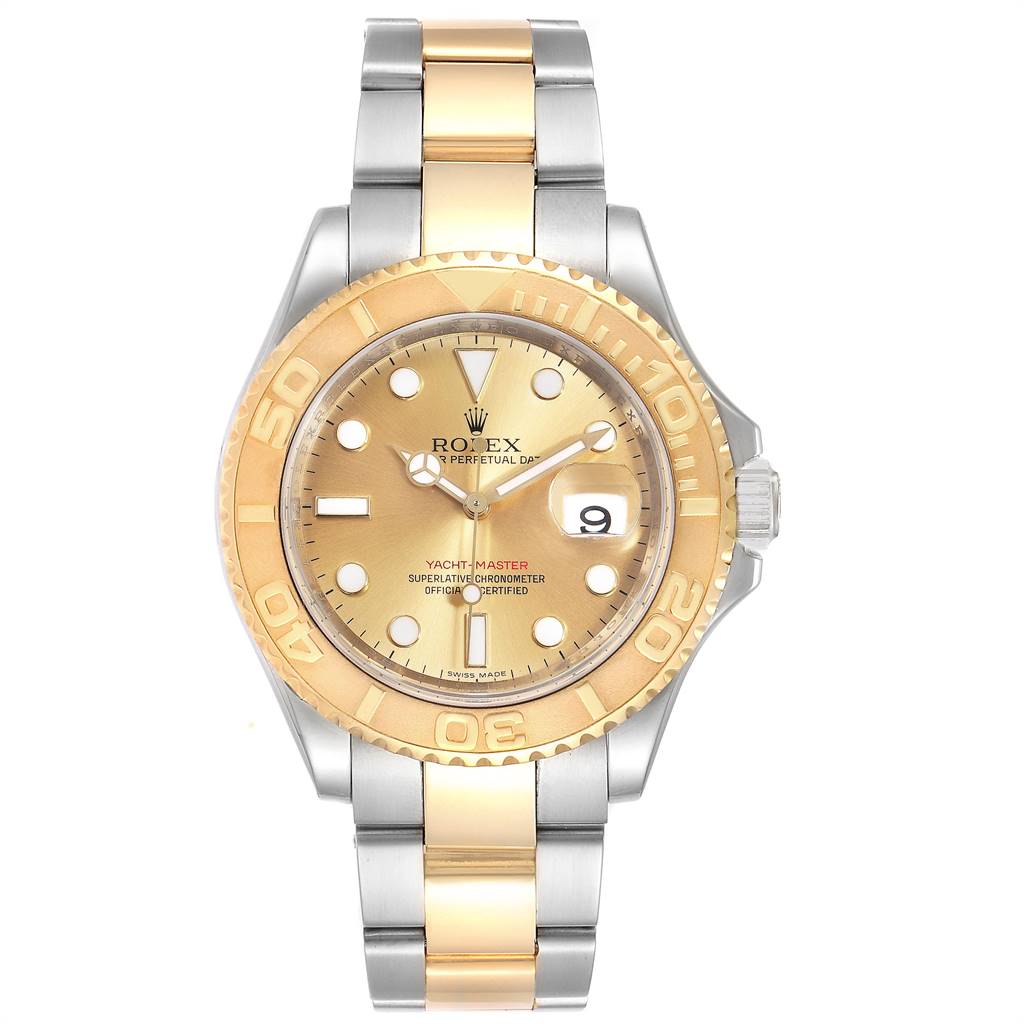 This image shows a frontal view of the Rolex Yacht-Master 16623 Men's Stainless Steel Champagne Dial 16623 Men's Stainless Steel Champagne Dial watch, displaying the dial, bezel, and bracelet.