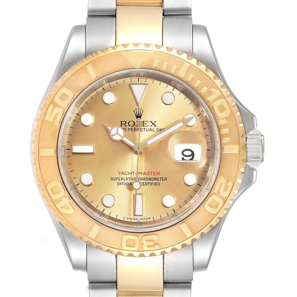 The Rolex Yacht-Master 16623 Men's Stainless Steel Champagne Dial 16623 Men's Stainless Steel Champagne Dial watch is shown from a front angle, highlighting its gold bezel and dial.