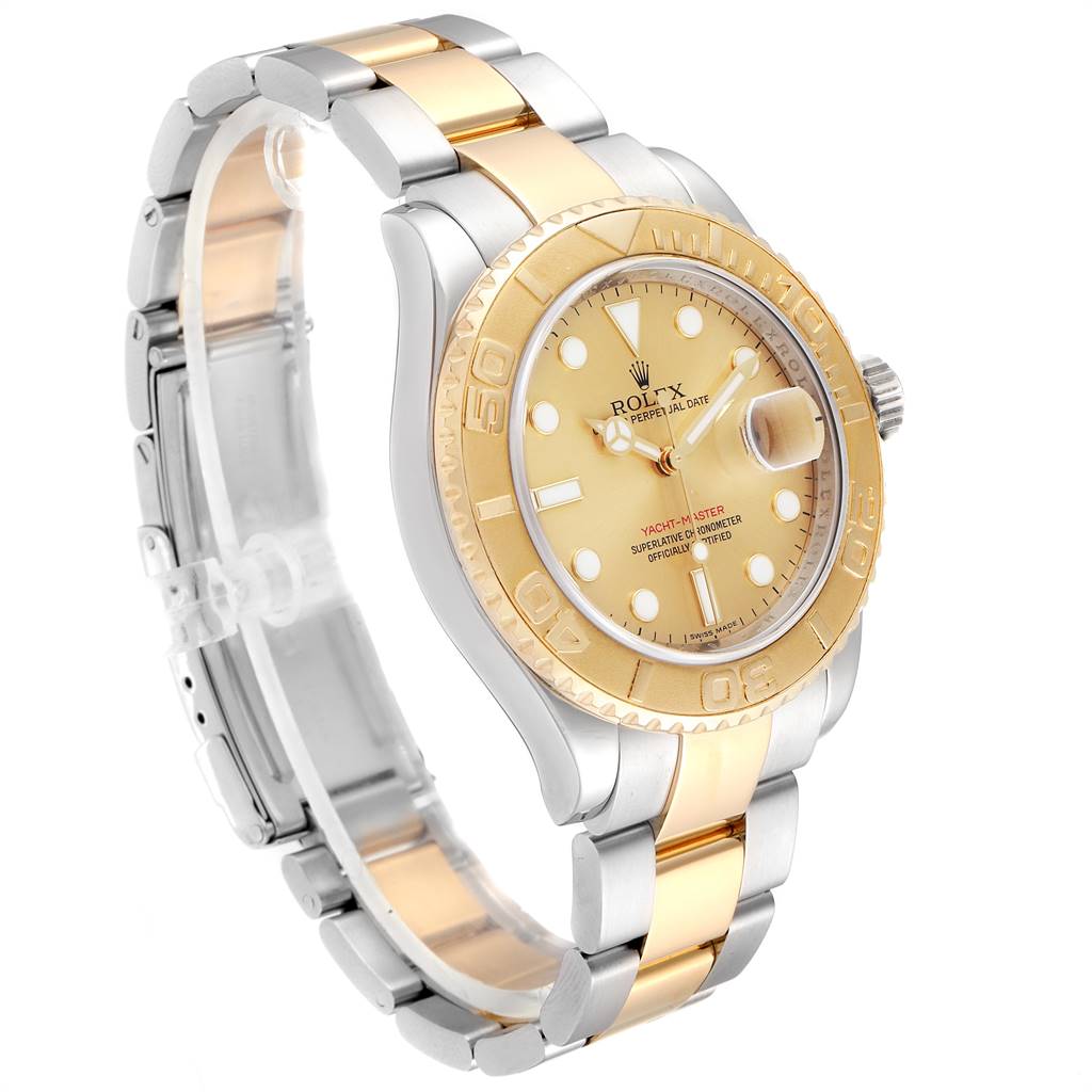 This Rolex Yacht-Master 16623 Men's Stainless Steel Champagne Dial 16623 Men's Stainless Steel Champagne Dial watch is shown at an angled side view, highlighting its gold and silver band and detailed dial.