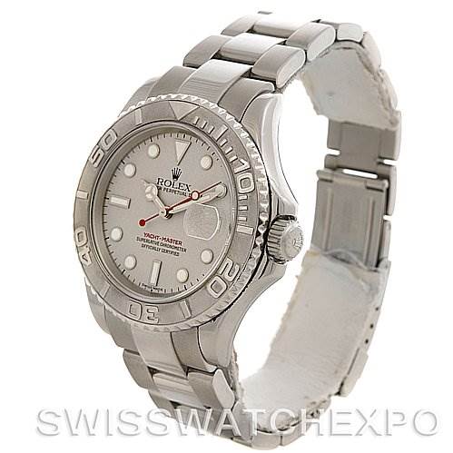 The Rolex Yacht-Master 16622 Men's Stainless Steel Silver Dial 16622 Men's Stainless Steel Silver Dial watch is shown at a three-quarter angle, highlighting the face, bezel, crown, and bracelet.