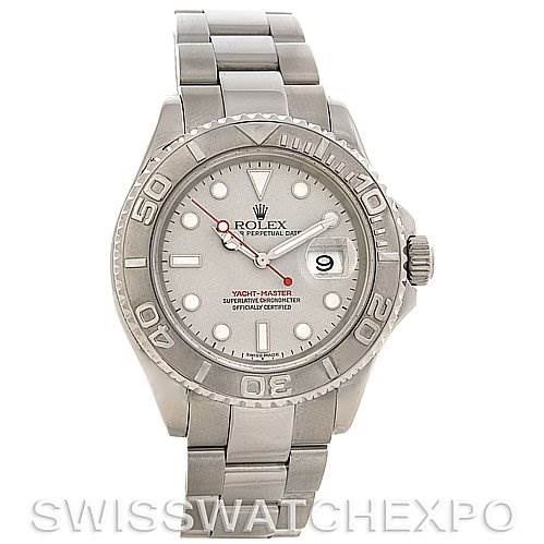 The image shows a front view of a Rolex Yacht-Master 16622 Men's Stainless Steel Silver Dial 16622 Men's Stainless Steel Silver Dial watch, displaying the dial, bezel, and part of the bracelet.