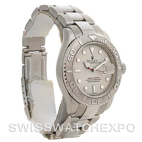 The image shows a Rolex Yacht-Master 16622 Men's Stainless Steel Silver Dial 16622 Men's Stainless Steel Silver Dial watch from an angled side view, displaying the face, bezel, and part of the metal bracelet.