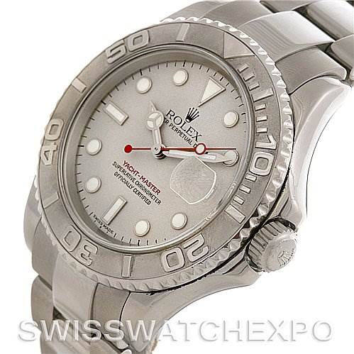 The image shows a close-up shot of the Rolex Yacht-Master 16622 Men's Stainless Steel Silver Dial 16622 Men's Stainless Steel Silver Dial watch from an angled view, highlighting the face, bezel, and part of the bracelet.