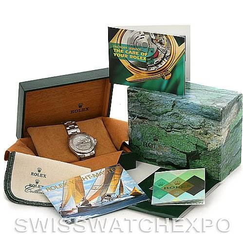 This image shows a Rolex Yacht-Master 16622 Men's Stainless Steel Silver Dial 16622 Men's Stainless Steel Silver Dial watch along with its packaging, manuals, and accessories from a three-quarter angle.