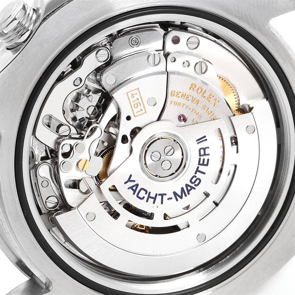 The image shows the internal mechanism of a Rolex Yacht-Master 116680 Men
s Stainless Steel White Dial 116680 Men
s Stainless Steel White Dial watch, viewed from the back.