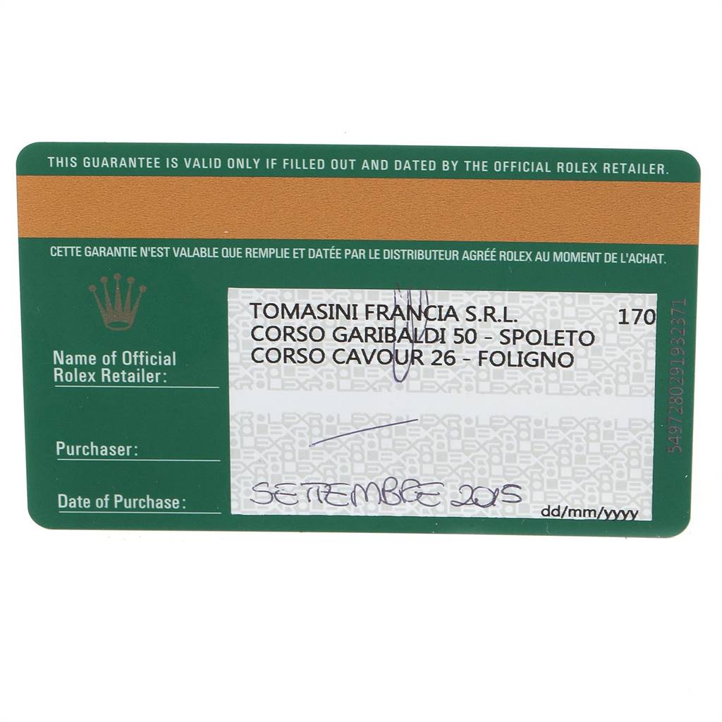 The image shows a validation guarantee card for a Rolex Yacht-Master 116680 Men
s Stainless Steel White Dial 116680 Men
s Stainless Steel White Dial watch.