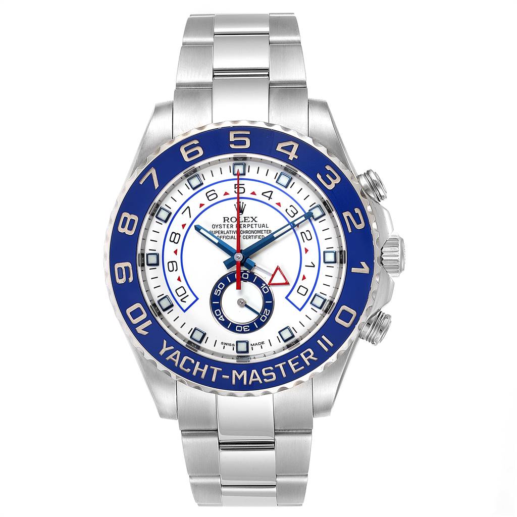 The Rolex Yacht-Master 116680 Men
s Stainless Steel White Dial 116680 Men
s Stainless Steel White Dial II watch is shown from a front view, displaying its dial, bezel, and bracelet.