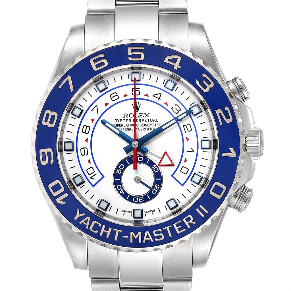The image shows a frontal view of a Rolex Yacht-Master 116680 Men
s Stainless Steel White Dial 116680 Men
s Stainless Steel White Dial II, highlighting its face, bezel, and part of the bracelet.