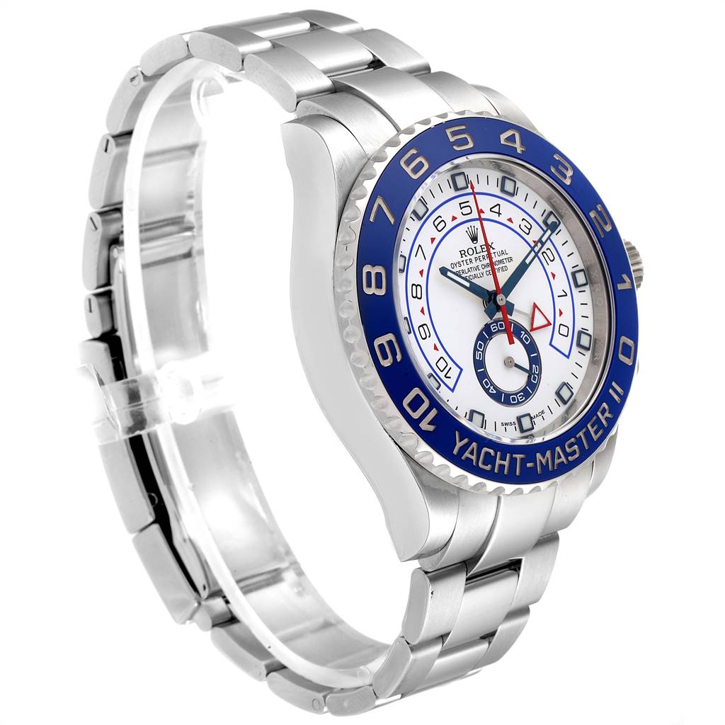 This image shows a Rolex Yacht-Master 116680 Men
s Stainless Steel White Dial 116680 Men
s Stainless Steel White Dial II watch from a right angle, highlighting the watch face, bezel, and bracelet.