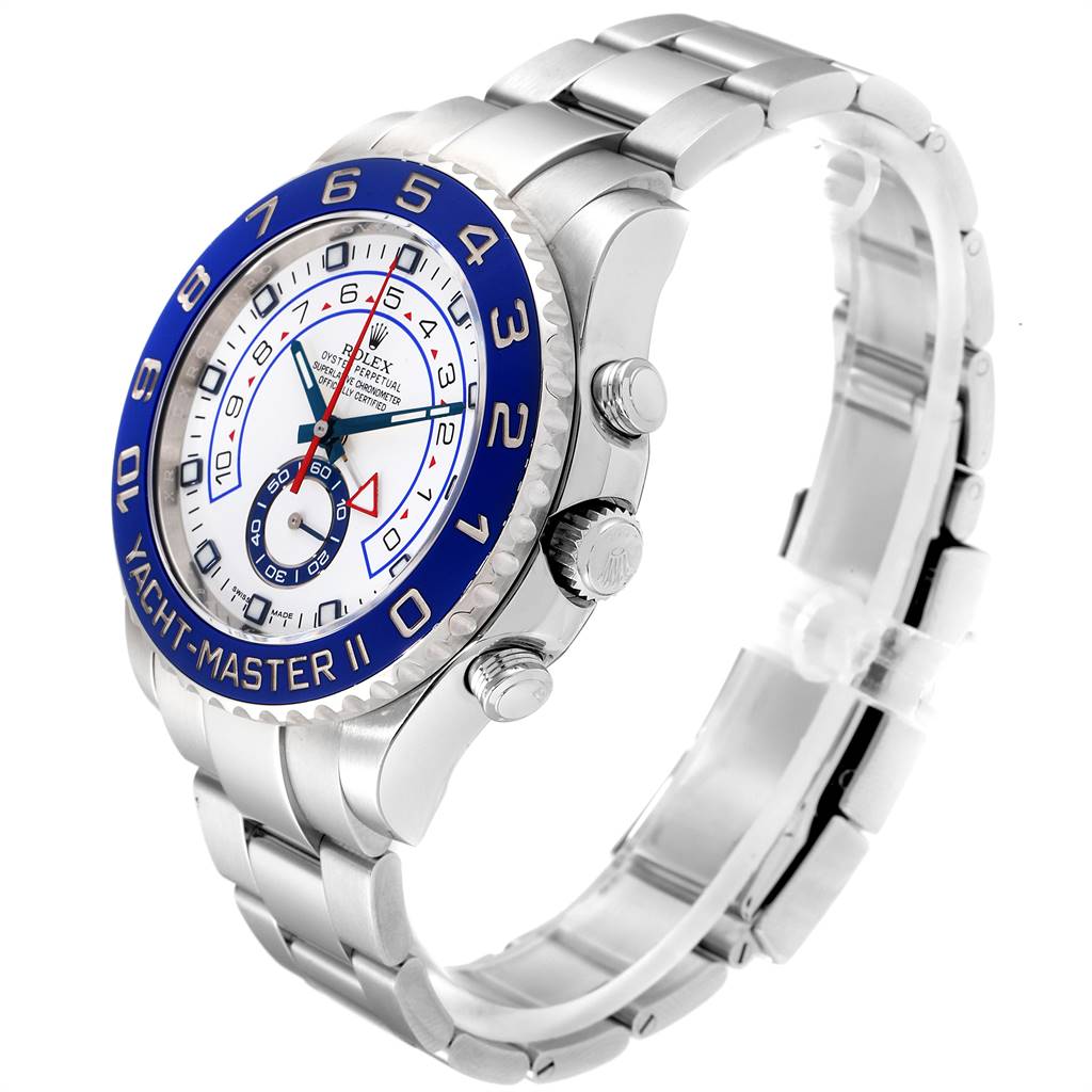 The Rolex Yacht-Master 116680 Men
s Stainless Steel White Dial 116680 Men
s Stainless Steel White Dial II watch is shown at an angled viewpoint highlighting its face, bezel, crown, and strap.