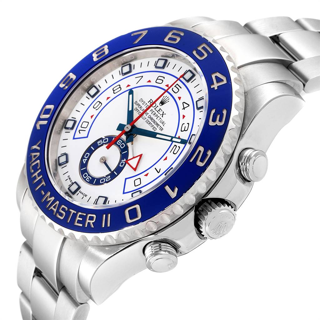 This image shows a Rolex Yacht-Master 116680 Men
s Stainless Steel White Dial 116680 Men
s Stainless Steel White Dial watch from an angled side view focusing on the bezel, dial, crown, and watchband.