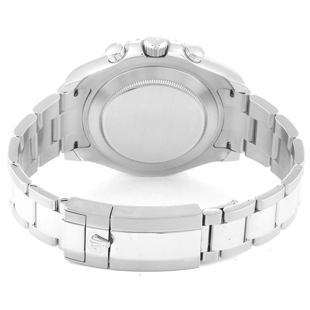 The image shows the Rolex Yacht-Master 116680 Men
s Stainless Steel White Dial 116680 Men
s Stainless Steel White Dial watch from a rear angle, highlighting the case back and clasp.