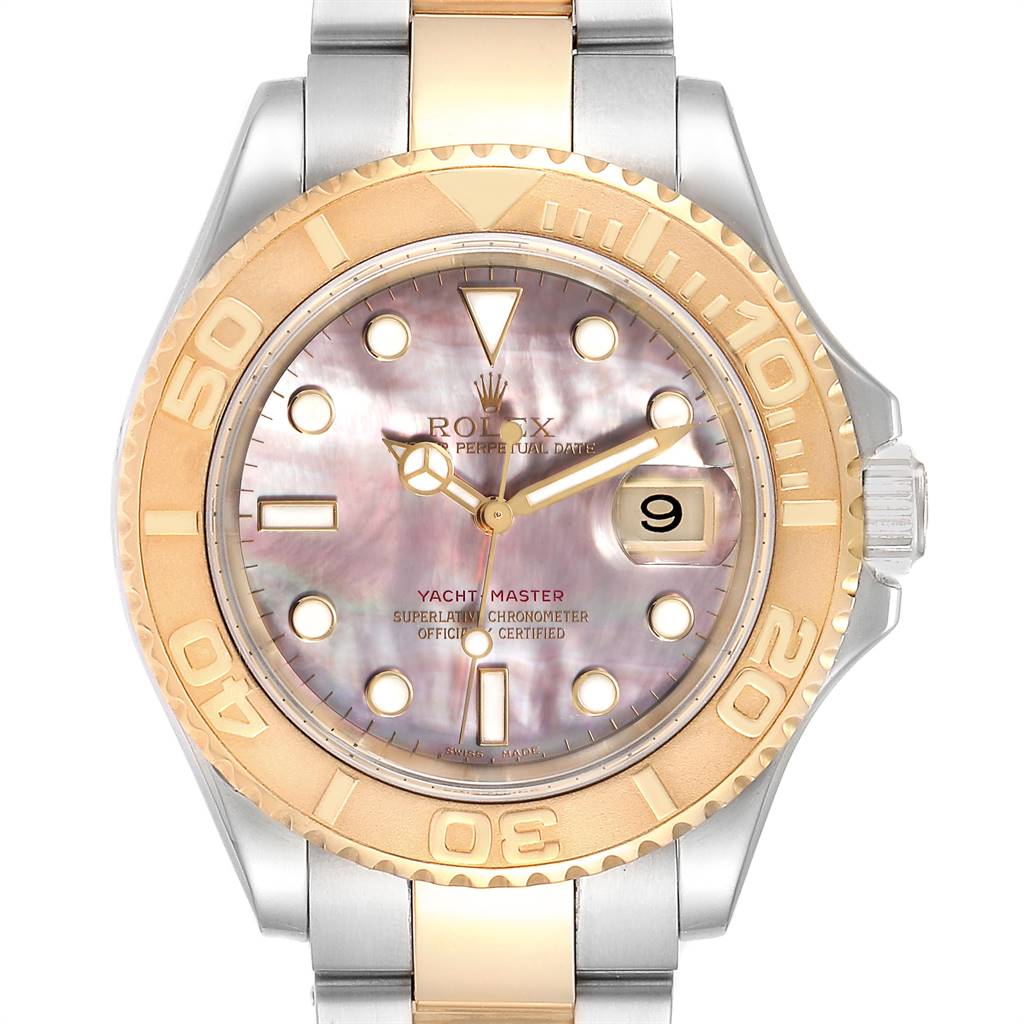 The Rolex Yacht-Master 16623 Men's Stainless Steel Mother of Pearl Dial 16623 Men's Stainless Steel Mother of Pearl Dial model is shown from the front, highlighting its dial, bezel, case, and bracelet.