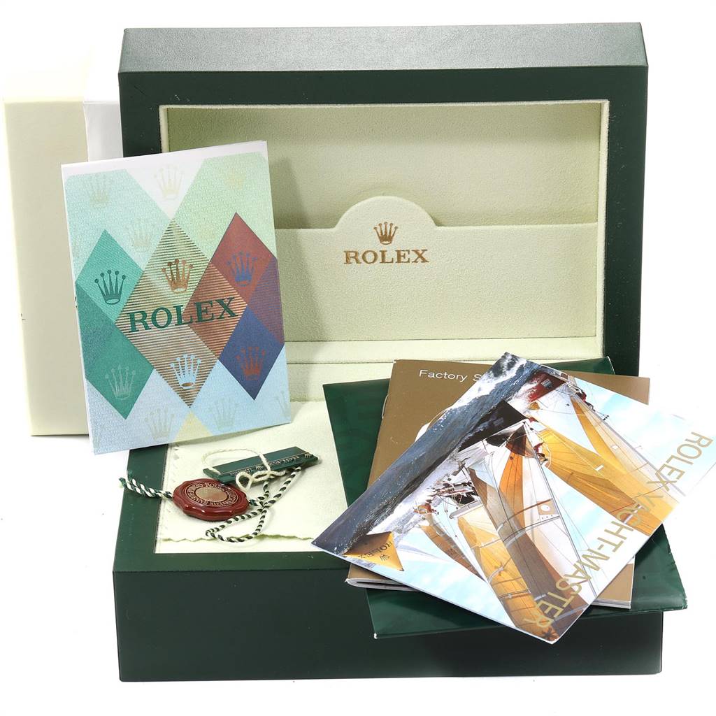 The image shows a Rolex Yacht-Master 16623 Men's Stainless Steel Mother of Pearl Dial 16623 Men's Stainless Steel Mother of Pearl Dial watch box, certification papers, manuals, and tags.