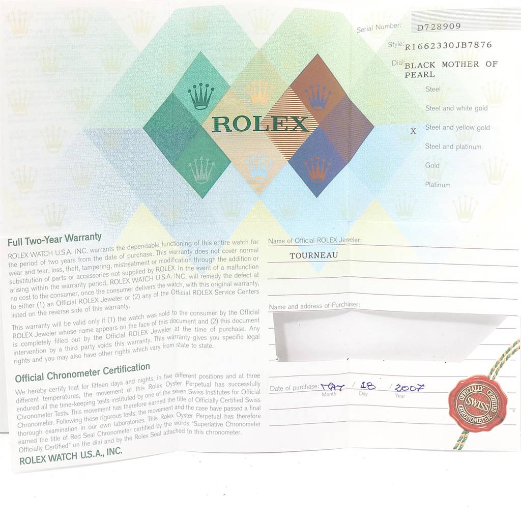 This is a warranty card for the Rolex Yacht-Master 16623 Men's Stainless Steel Mother of Pearl Dial 16623 Men's Stainless Steel Mother of Pearl Dial watch, showing the serial number, style, and purchase details.
