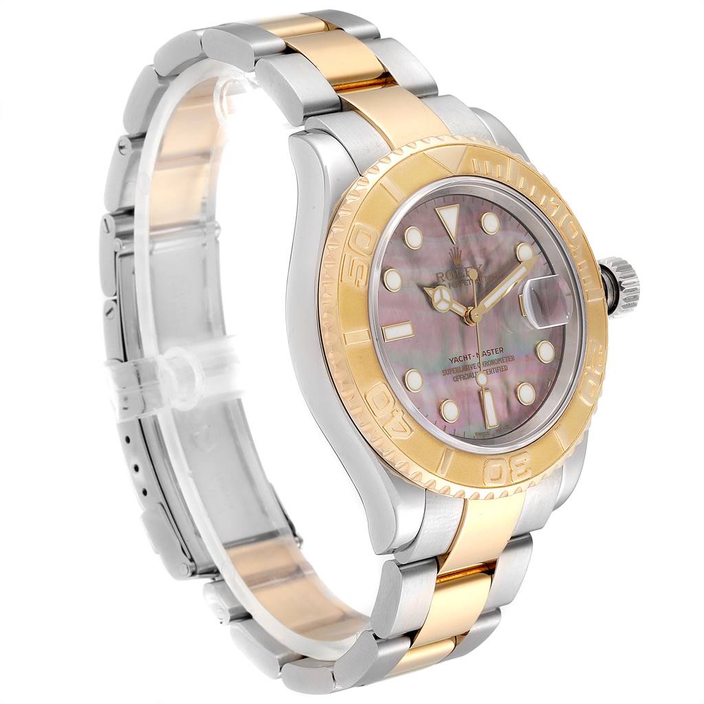 The Yacht-Master Rolex watch is shown in a three-quarter angle highlighting the face, bezel, crown, and bracelet.