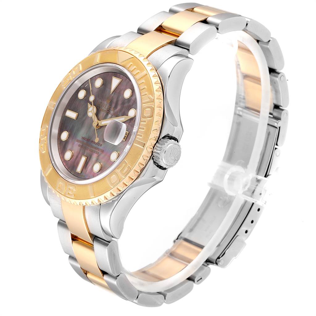 The Rolex Yacht-Master 16623 Men's Stainless Steel Mother of Pearl Dial 16623 Men's Stainless Steel Mother of Pearl Dial watch is shown from a side angle emphasizing its dial, bezel, crown, and bracelet.