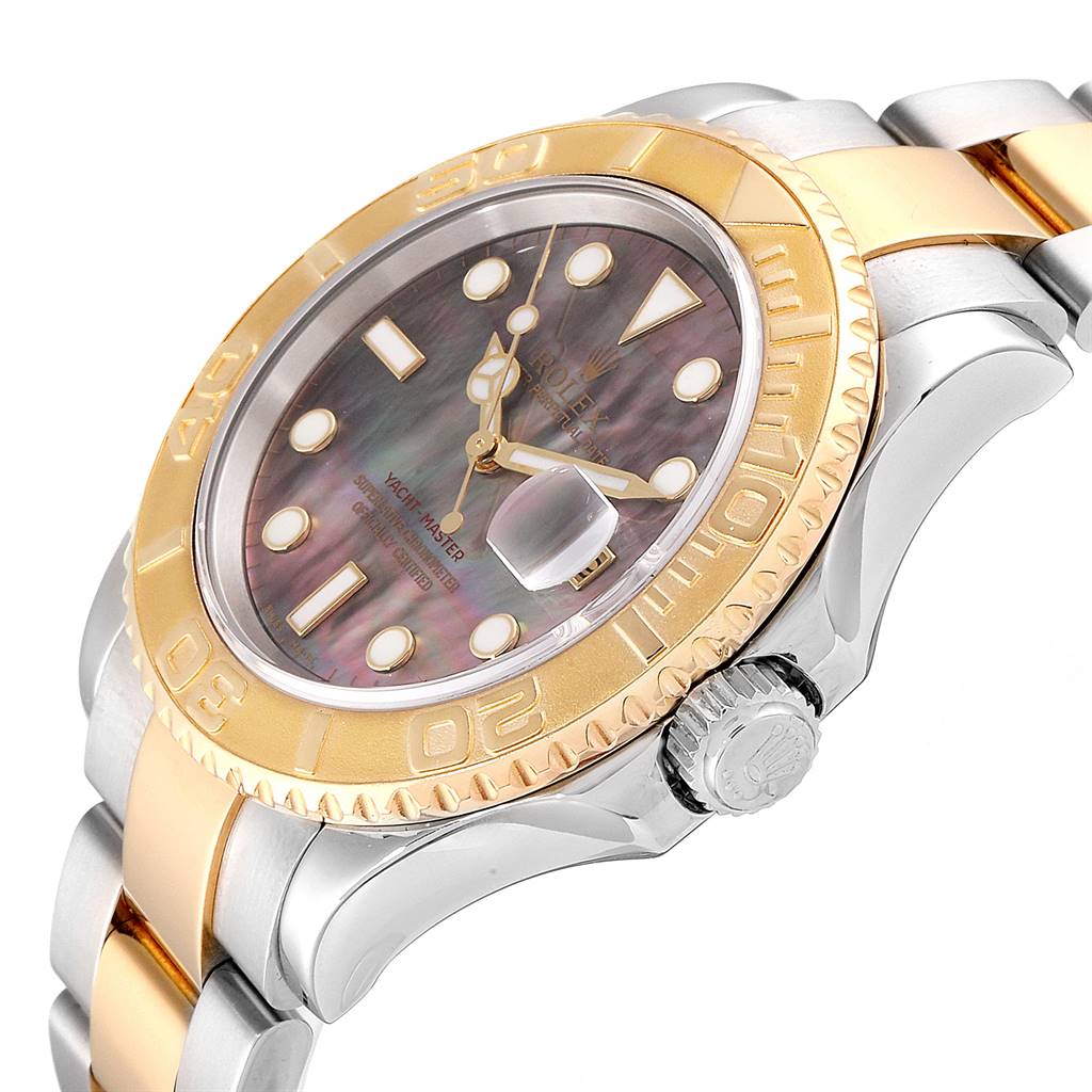 The image shows a Rolex Yacht-Master 16623 Men's Stainless Steel Mother of Pearl Dial 16623 Men's Stainless Steel Mother of Pearl Dial watch from a slight side angle, highlighting the bezel, dial, crown, and part of the bracelet.