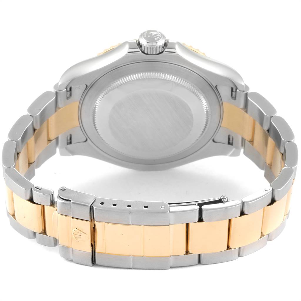 The image shows the back view of a Rolex Yacht-Master 16623 Men's Stainless Steel Mother of Pearl Dial 16623 Men's Stainless Steel Mother of Pearl Dial watch, highlighting the case back, crown, and two-tone bracelet.