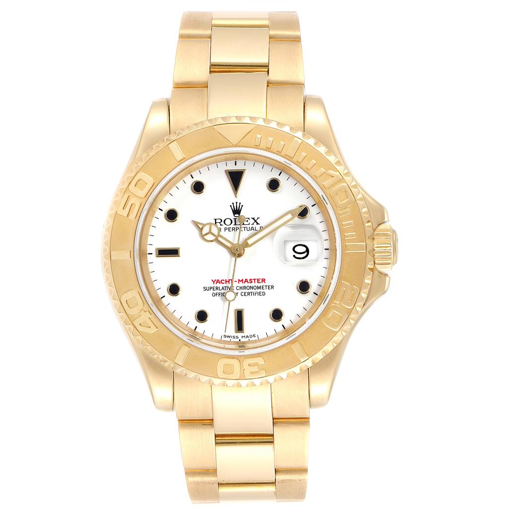 The Rolex Yacht-Master 16628 Men's Yellow Gold White Dial 16628 Men's Yellow Gold White Dial watch is shown in a front view, displaying the dial, bezel, and bracelet.