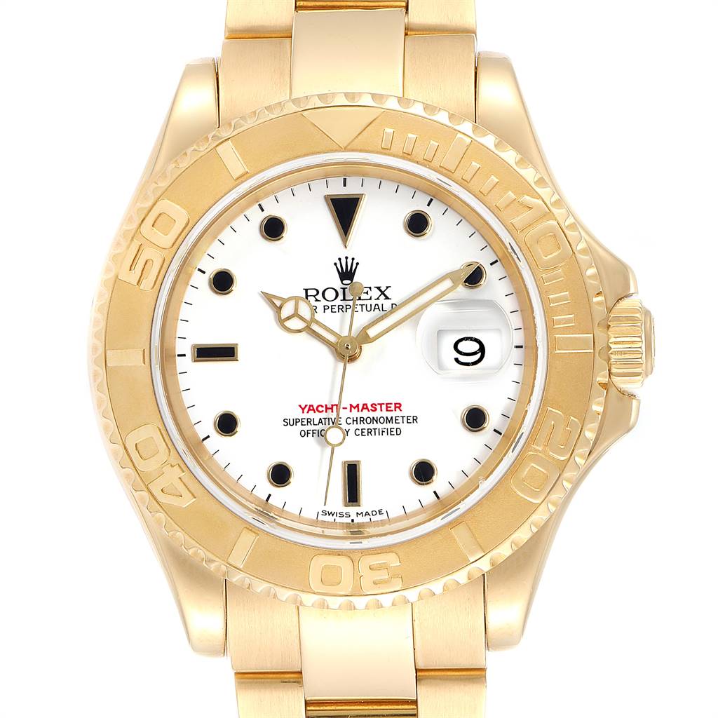 The Rolex Yacht-Master 16628 Men's Yellow Gold White Dial 16628 Men's Yellow Gold White Dial watch is shown from a front angle, displaying the dial, bezel, crown, and part of the bracelet.