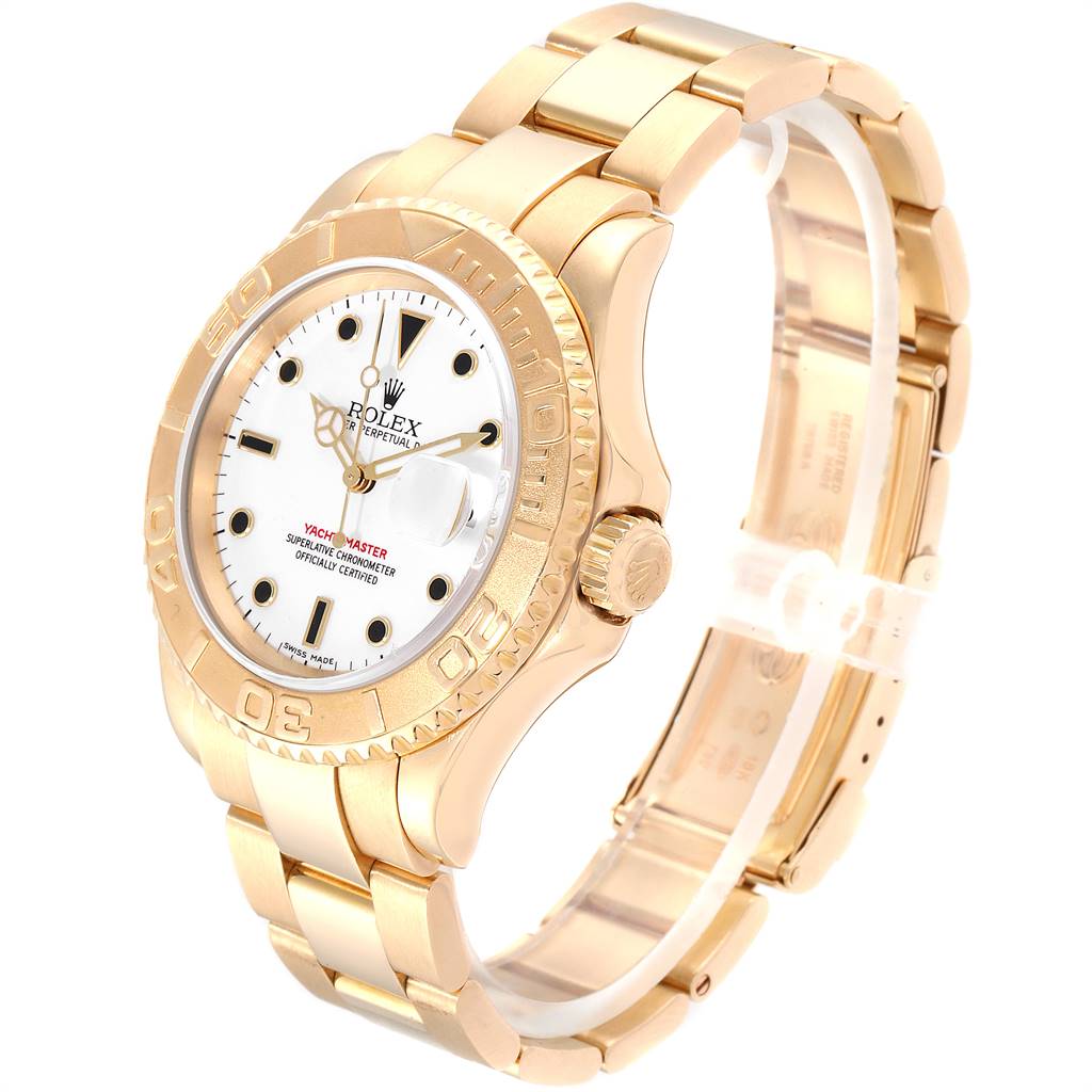 The image shows a Rolex Yacht-Master 16628 Men's Yellow Gold White Dial 16628 Men's Yellow Gold White Dial watch at a slight angle, displaying the face, bezel, crown, and bracelet in gold.