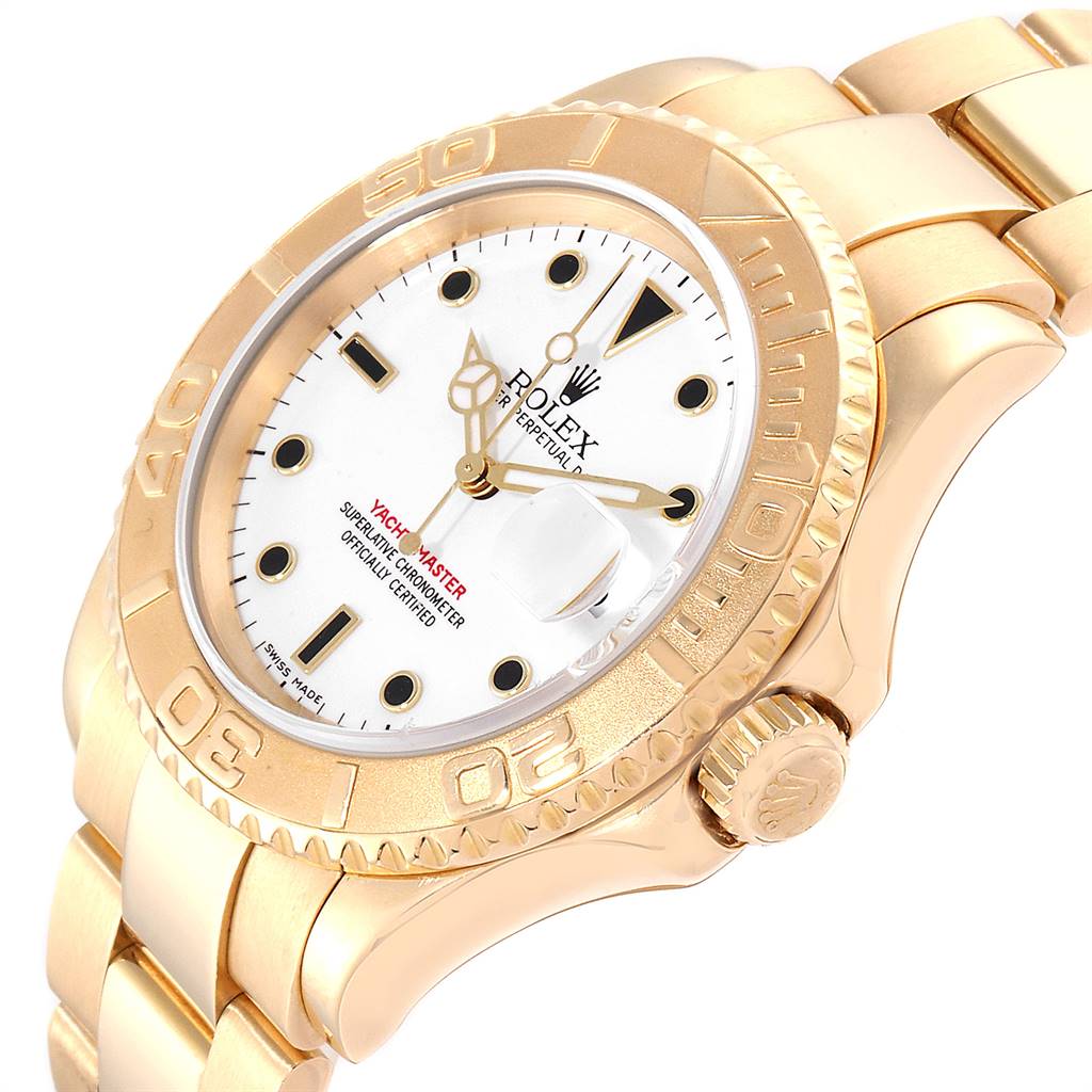 The Rolex Yacht-Master 16628 Men's Yellow Gold White Dial 16628 Men's Yellow Gold White Dial watch is shown at an angle, displaying the dial, bezel, crown, and part of the bracelet.