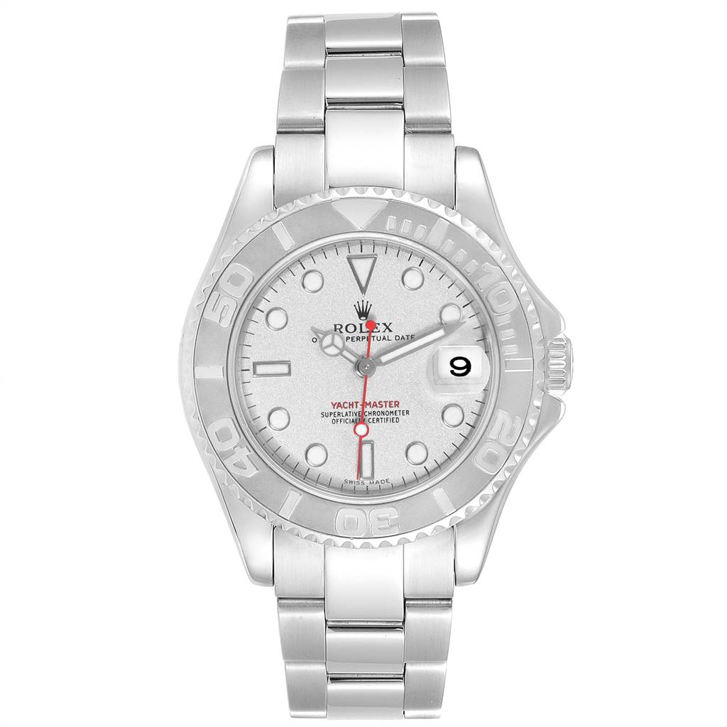The Rolex Yacht-Master 168622 Men
s Stainless Steel Silver Dial 168622 Men
s Stainless Steel Silver Dial watch is shown from a front angle, displaying its face, bezel, and bracelet.