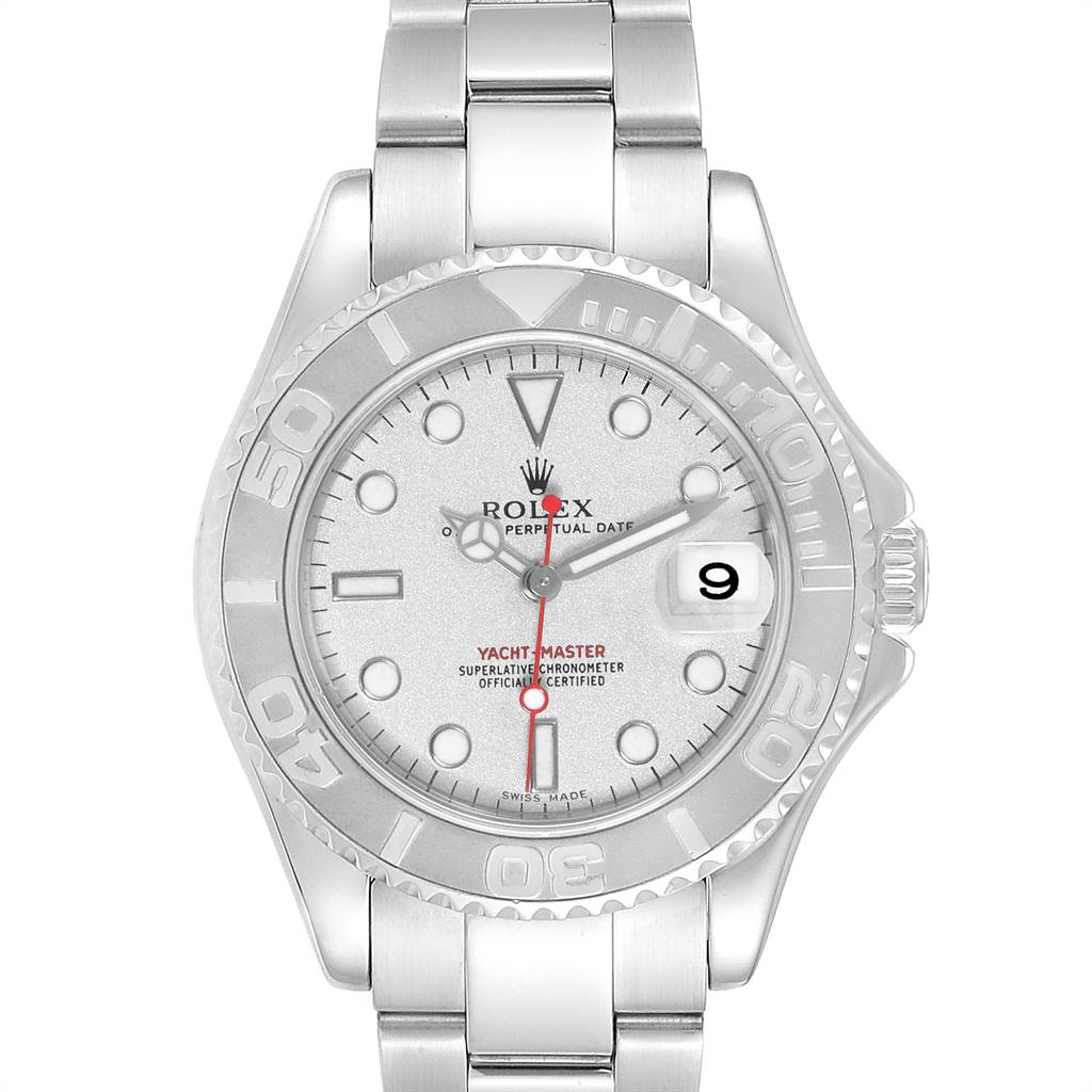 The image shows a frontal view of a Rolex Yacht-Master 168622 Men
s Stainless Steel Silver Dial 168622 Men
s Stainless Steel Silver Dial watch with a silver dial and an oyster bracelet.