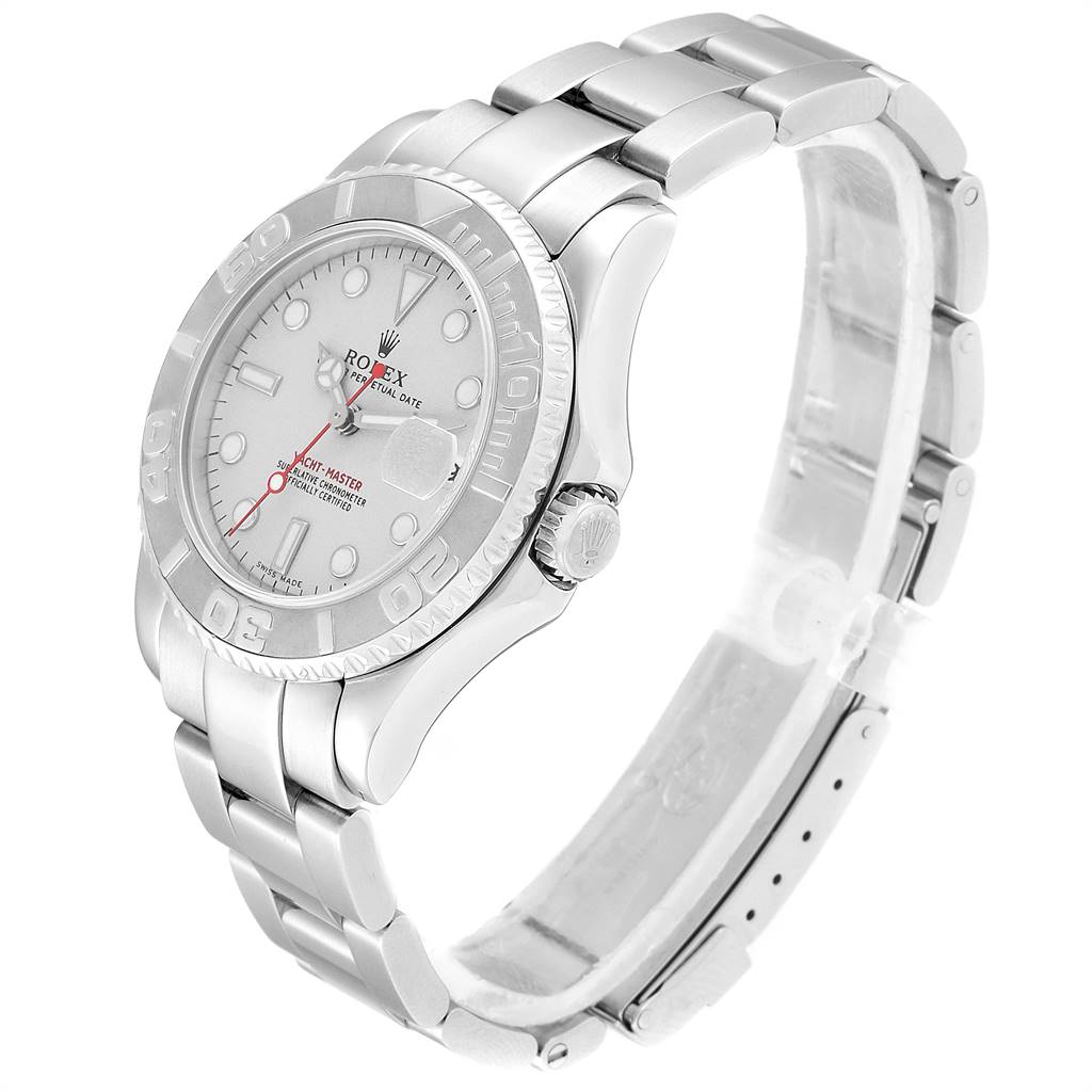 This image captures a side view of the Rolex Yacht-Master 168622 Men
s Stainless Steel Silver Dial 168622 Men
s Stainless Steel Silver Dial, showcasing the bracelet, bezel, and crown.