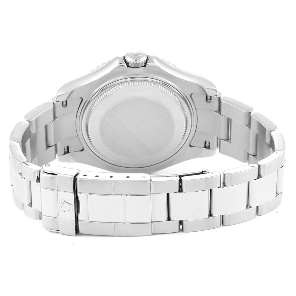 The image shows the back of the Rolex Yacht-Master 168622 Men
s Stainless Steel Silver Dial 168622 Men
s Stainless Steel Silver Dial watch, highlighting the case back, crown, and bracelet.