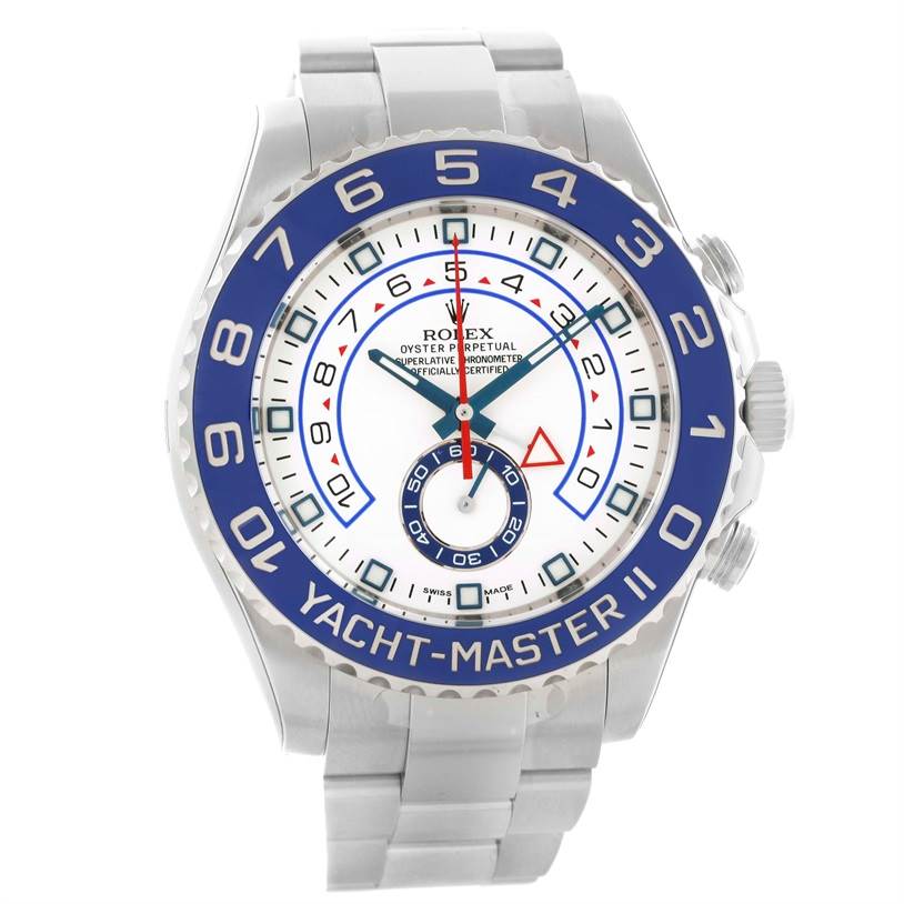 The image shows the Rolex Yacht-Master 116680 Men
s Stainless Steel White Dial 116680 Men
s Stainless Steel White Dial II watch from a front angle, highlighting the dial and bracelet.