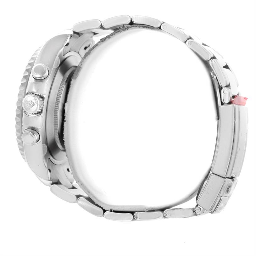 The image shows the side profile of a Rolex Yacht-Master 116680 Men
s Stainless Steel White Dial 116680 Men
s Stainless Steel White Dial watch, highlighting the crown, pushers, and part of the bracelet and clasp.