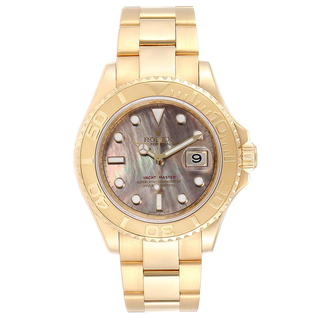 This image shows a Rolex Yacht-Master 16628 Men's Yellow Gold Mother of Pearl Dial 16628 Men's Yellow Gold Mother of Pearl Dial watch from the front, displaying its dial, bezel, and bracelet.