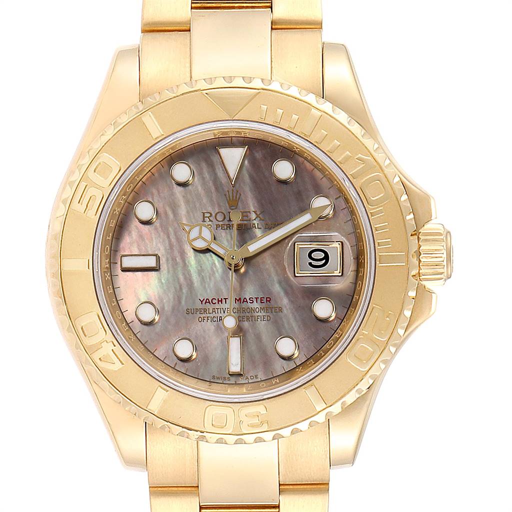 The image shows a front view of a Rolex Yacht-Master 16628 Men's Yellow Gold Mother of Pearl Dial 16628 Men's Yellow Gold Mother of Pearl Dial watch, highlighting its gold bezel, dial, hands, and bracelet.