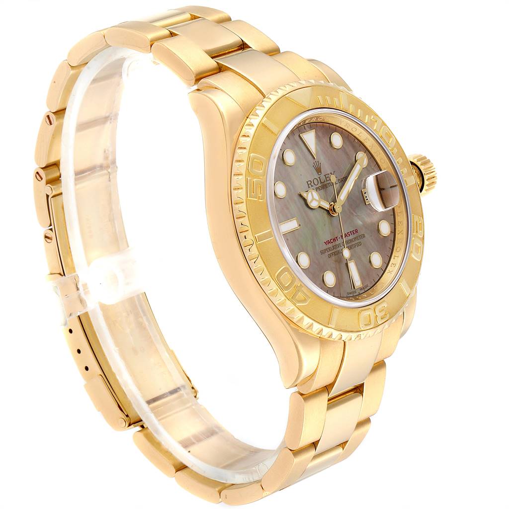 The image shows a side angle of the Rolex Yacht-Master 16628 Men's Yellow Gold Mother of Pearl Dial 16628 Men's Yellow Gold Mother of Pearl Dial watch, highlighting its bracelet, bezel, and face.