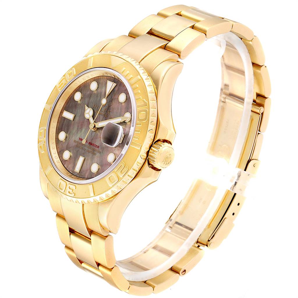 This image shows a Rolex Yacht-Master 16628 Men's Yellow Gold Mother of Pearl Dial 16628 Men's Yellow Gold Mother of Pearl Dial watch angled to display the dial, bezel, and part of the bracelet.