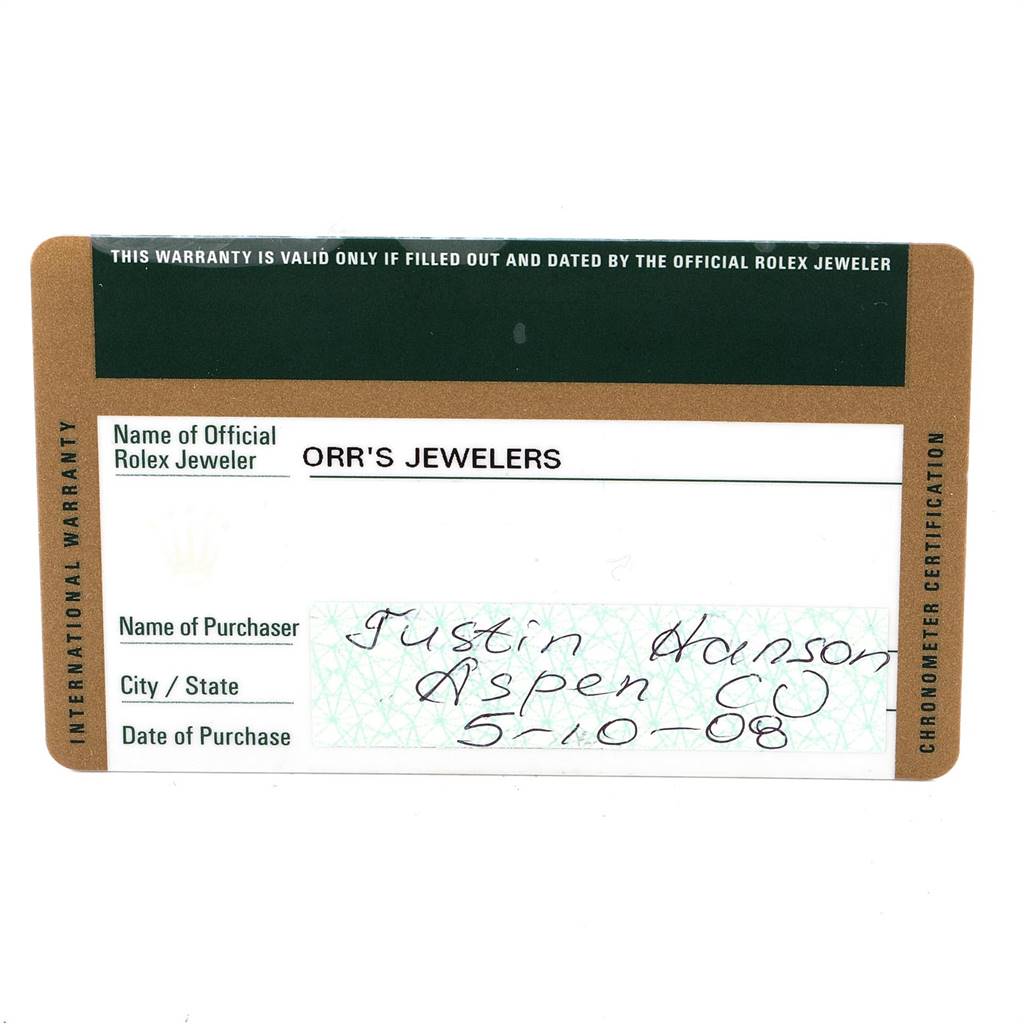 This image shows a warranty card for the Rolex Yacht-Master 16628 Men's Yellow Gold Mother of Pearl Dial 16628 Men's Yellow Gold Mother of Pearl Dial model, issued by an official Rolex jeweler.