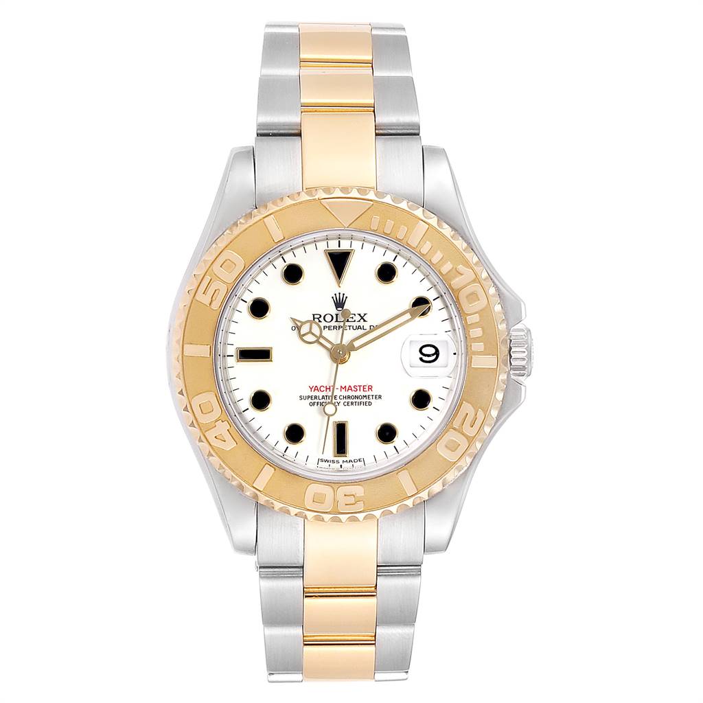 This image shows a front view of the Rolex Yacht-Master 168623 Men's Steel and Gold (two tone) White Dial 168623 Men's Steel and Gold (two tone) White Dial watch, highlighting the dial, bezel, and bracelet.