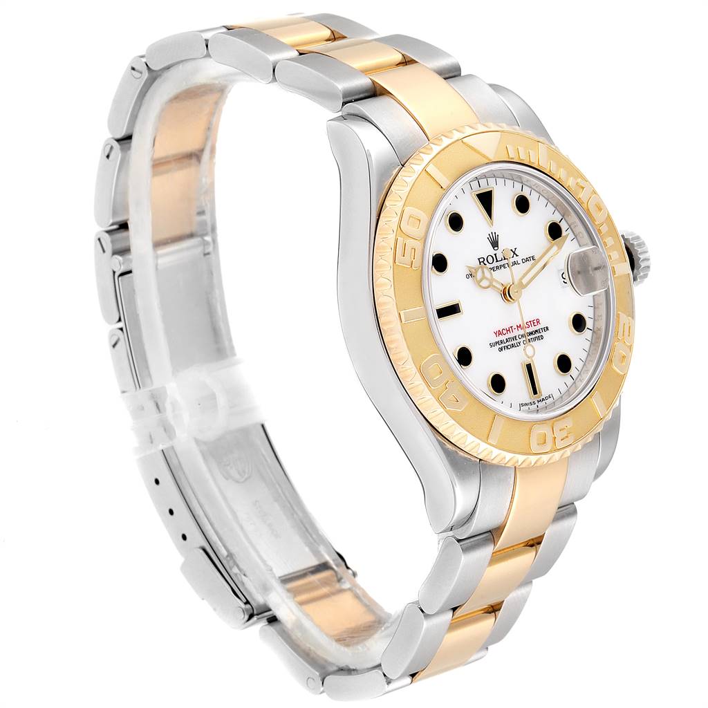 The Rolex Yacht-Master 168623 Men's Steel and Gold (two tone) White Dial 168623 Men's Steel and Gold (two tone) White Dial is shown at a slight angle, highlighting its two-tone bracelet, bezel, and white dial.