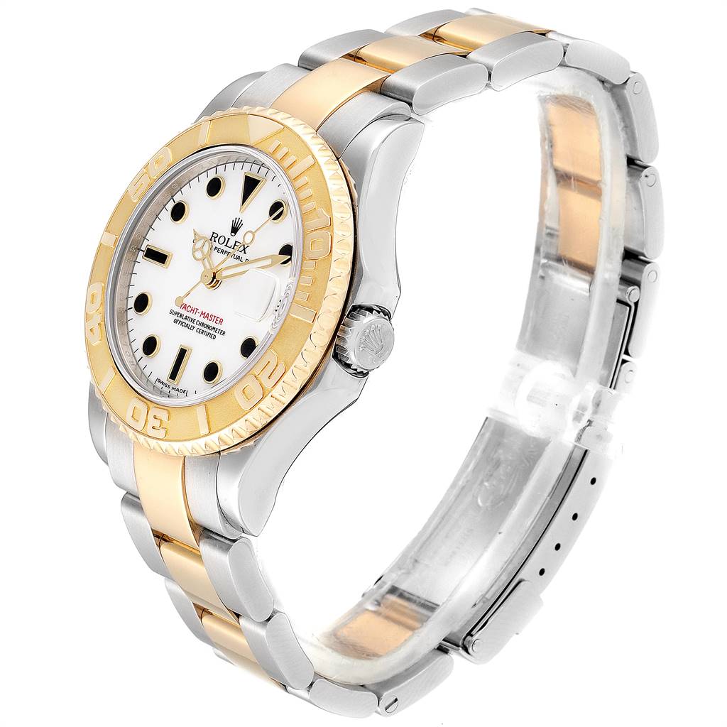 The Rolex Yacht-Master 168623 Men's Steel and Gold (two tone) White Dial 168623 Men's Steel and Gold (two tone) White Dial watch is shown at a side angle, displaying its two-tone bracelet, bezel, and face.